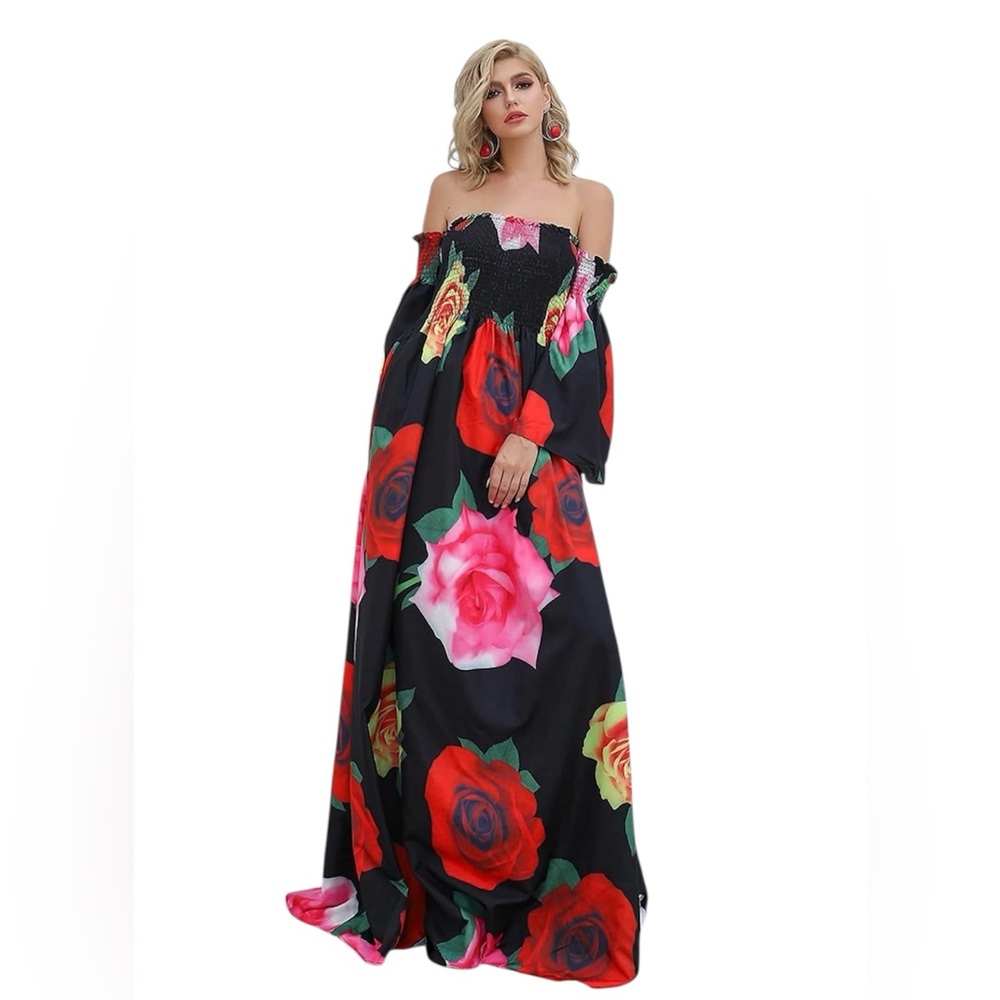 Missord Women's Roses Off Shoulder Smocked Bodies Maxi Dress Size M